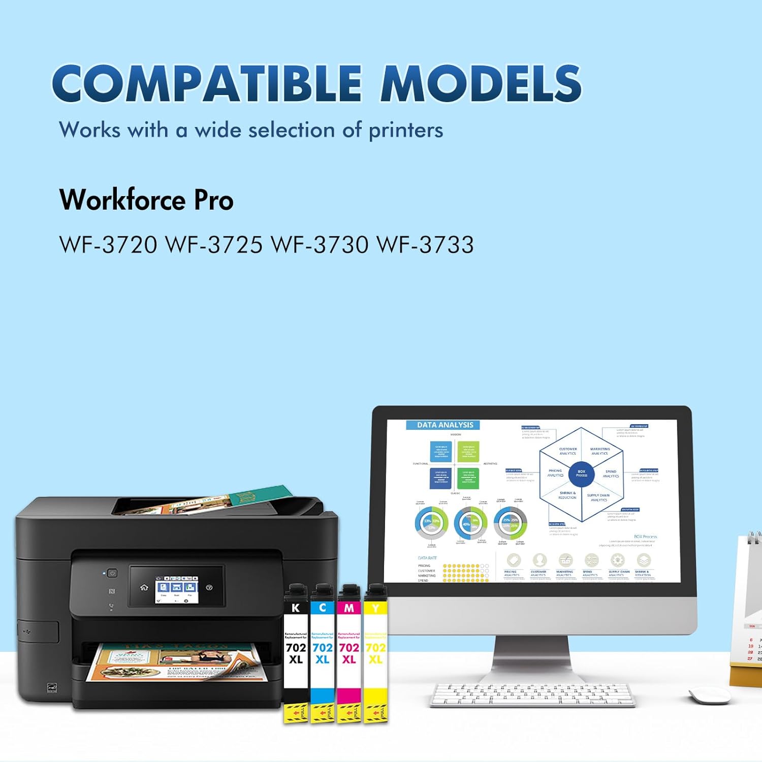 702XL 702 Ink Cartridges Combo Pack: Remanufactured Replacement for Epson Printer Workforce Pro WF-3720 WF-3730 WF-3733 WF 3720 WF3720 for 702 XL 702XL T702 (Black Cyan Yellow Magenta)
