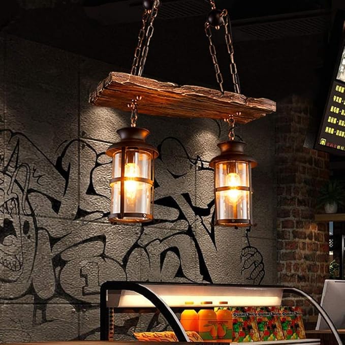 A.1.Coo Hanglamp Vintage Hangende Verlichting Eetkamer Kroonluchter Binnen Retro Industriële Hangende Lamp Van Hout Metaal Glazen Lampenkap E27 Plafondverlichting Bar Hoogte Verstelbaar Plafondlamp,2 heads