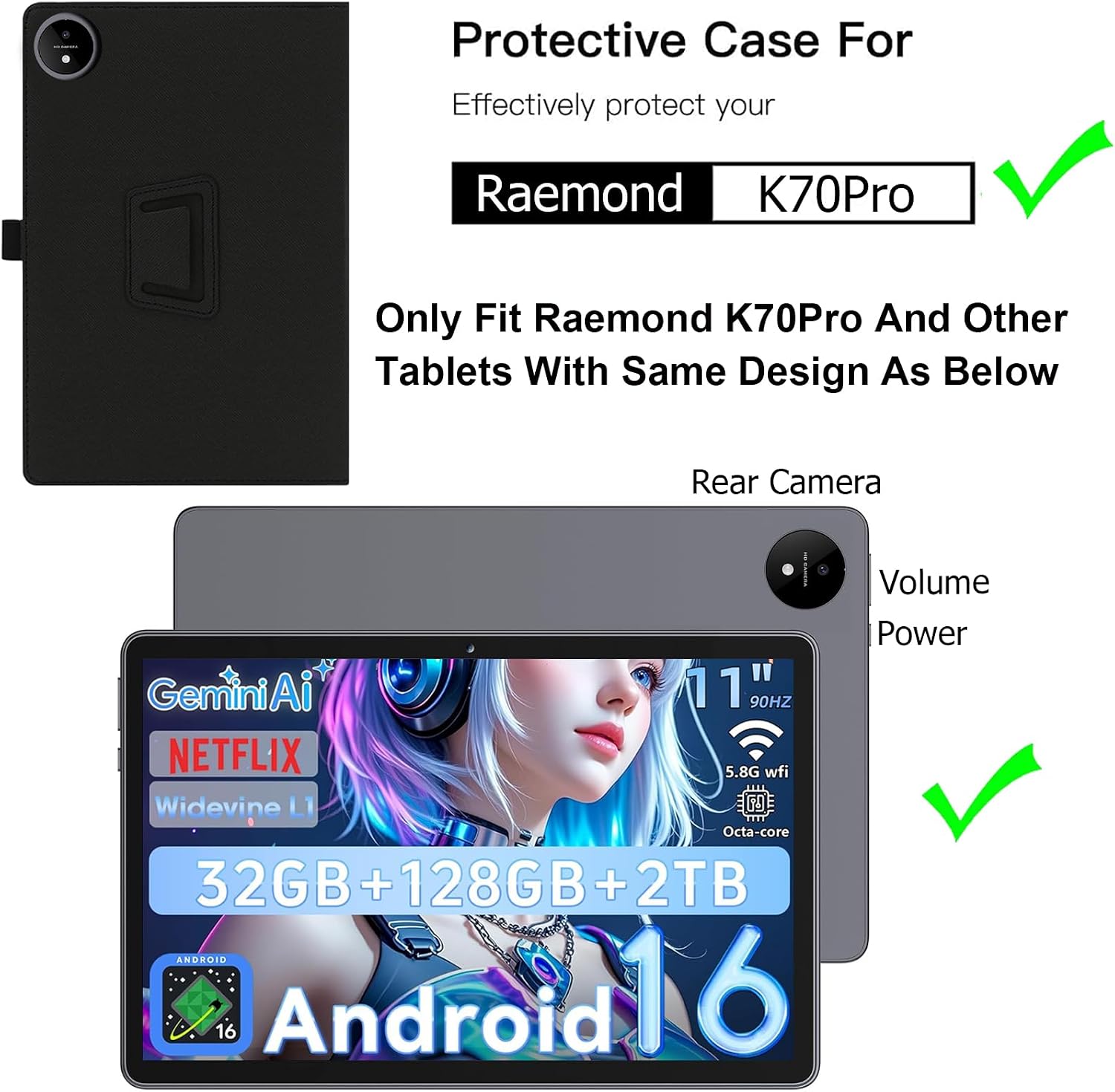 Case for Raemond K70Pro Tablet 11 Inch, Premium PU Leather Folio Folding Stand Protective Tablet Cover with Hand Strap Magnet image 2