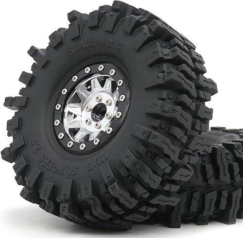 Miniatura 7 de HOBBYSOUL Tiradores de barro pegajosos suaves 1.9 neumáticos de oruga de 4.724 in y ruedas de metal pesado 1.9 Beadlock llantas negras plateadas,