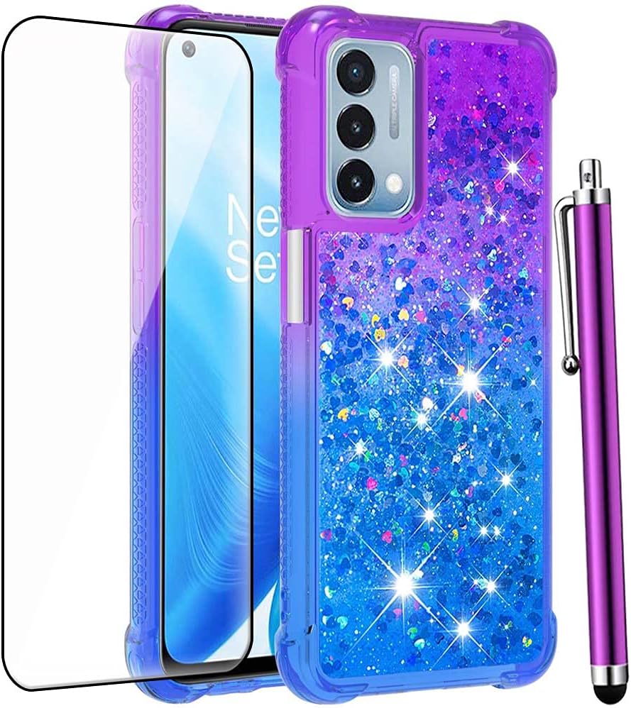 for OnePlus Nord N200 5G Case with Screen Protector, Purple Blue | Glitter Bling Flowing Liquid Sparkle, Women Girls, Soft TPU Shockproof Phone Case for OnePlus Nord N200 5G