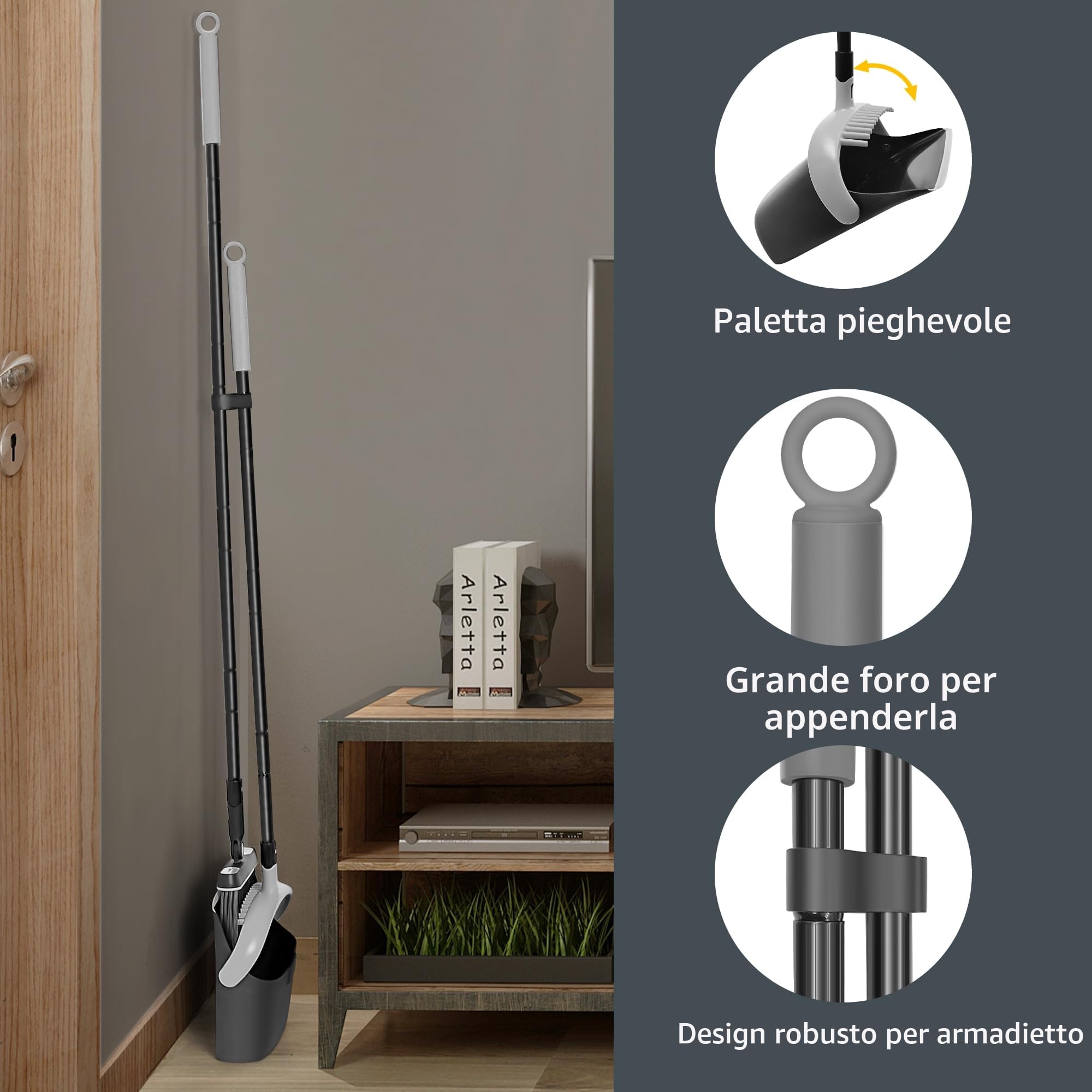 JEHONN Set di Paletta e Spazzola con Manico Lungo, Scopa Alta e Paletta Verticale in Acciaio Inox con Scopa a Girevole a 180 Gradi, 1 Porta Spazzole per Interni, Giardino, Lobby (Nero e Grigio)
