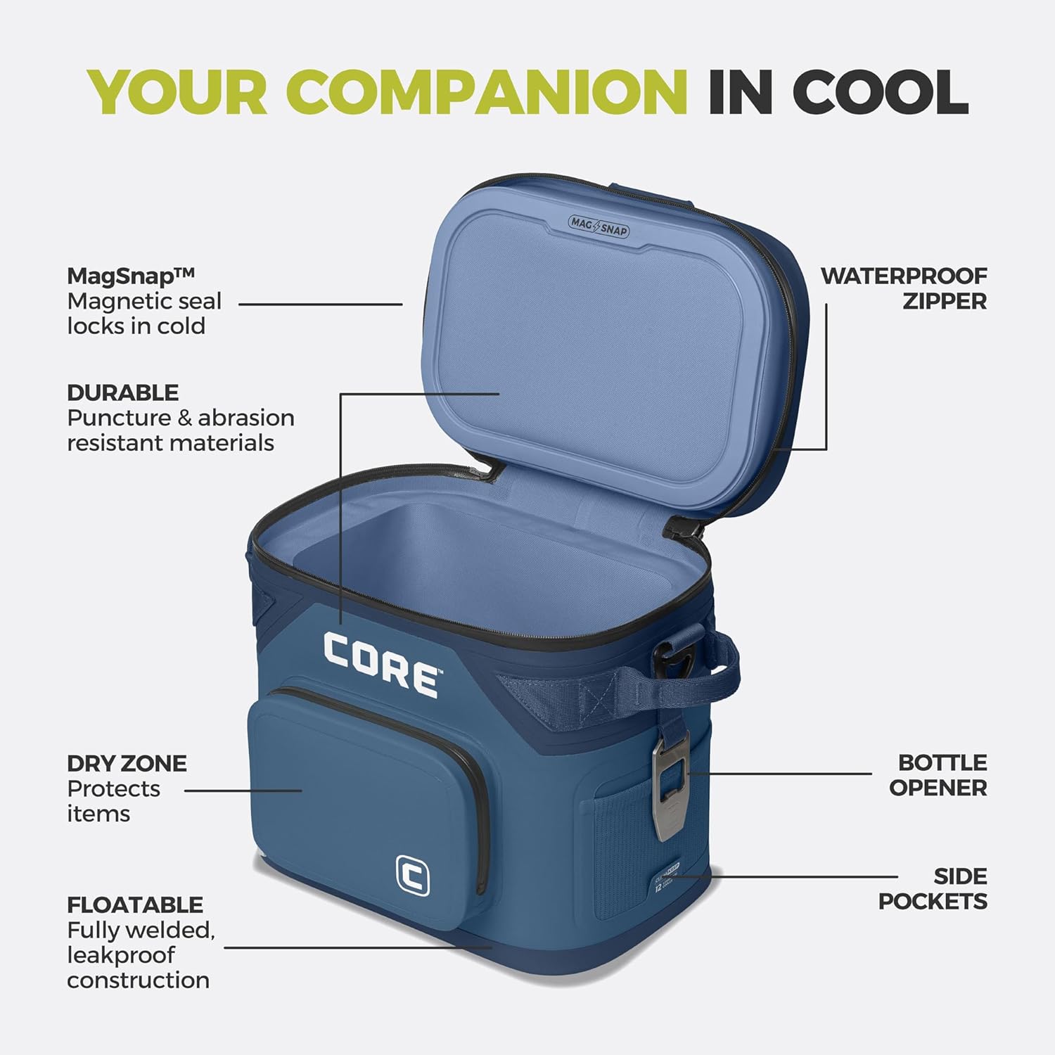 CORE Magnetic Leak Proof Soft Cooler with Waterproof Zipper | Insulated Bag Portable Ice Chest Box | Best Soft Cooler for Food & Beverages for Tailgating, Car Camping, Travel, and Family Beach Picnics