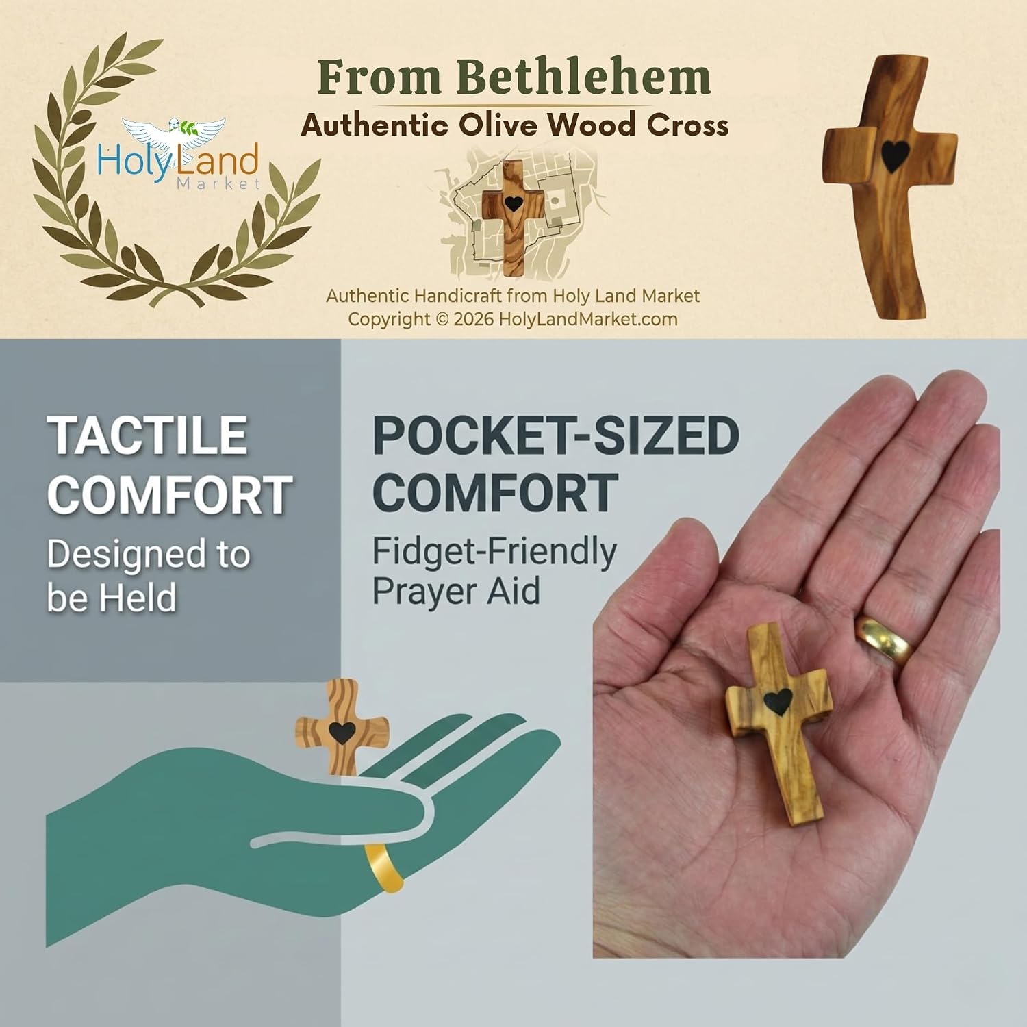 Holy Land Market Olive Wood Pocket Fidget Worry Thumb Crosses – Hand-Carved Prayer Crosses with Certificates & Velvet Pouches for Anxiety and Stress Relief - 3 Packs