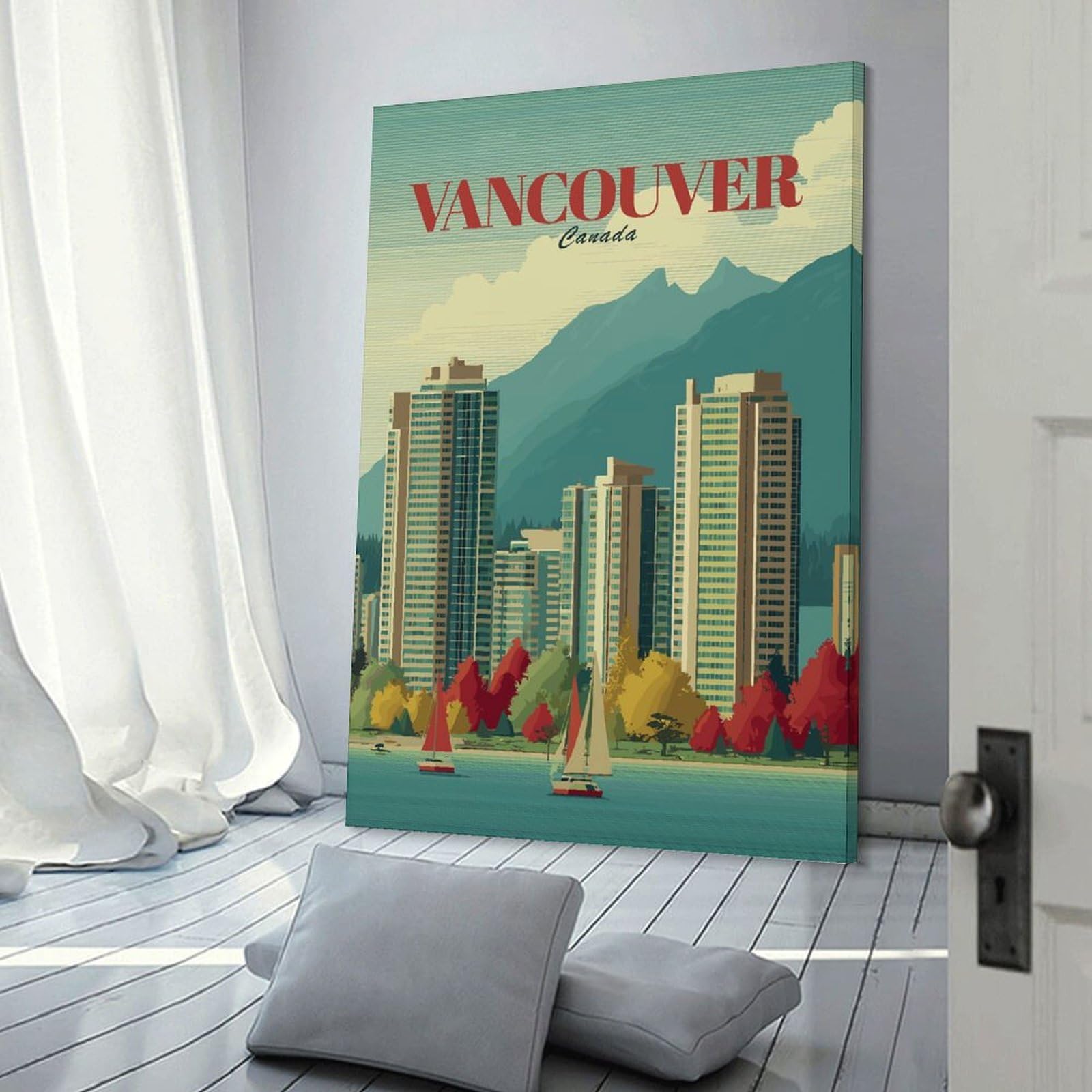 Junmoney Frame-Style-12-1 Vancouver Cityscape With Mountains And Sailboats Wall Decor Canvas Print, 24X36inch(60X90cm), For Living Room, Bedroom, Office Or Hallway, An Adaptable Decor Piece For Home Use
