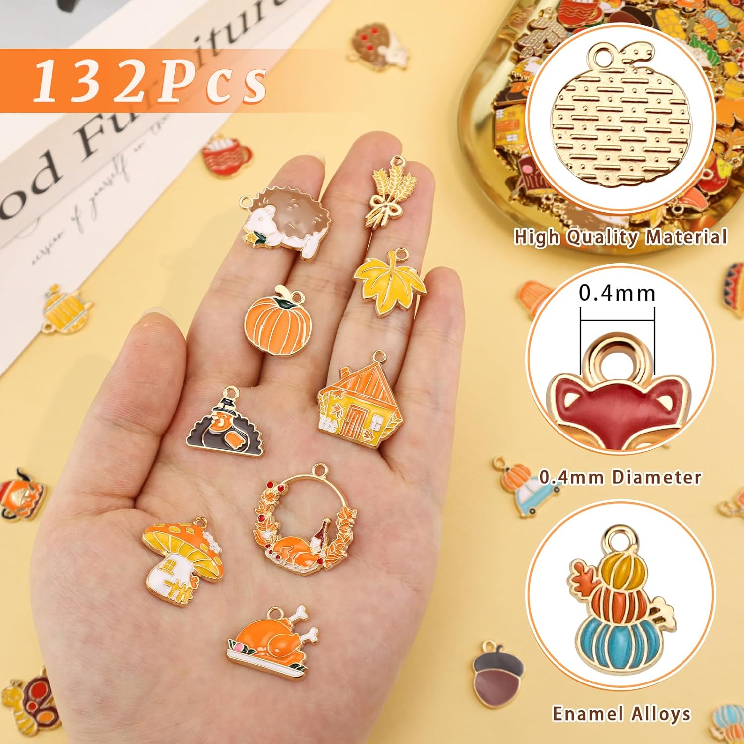 132 Pcs Fall Charms for Jewelry Making, 66 Style Thanksgiving Charms Assortment with Maple Leaf, Turkey, Pumpkin for for Jewelry Making DIY Necklace Bracelet Crafting Kit Crafts - Image 3