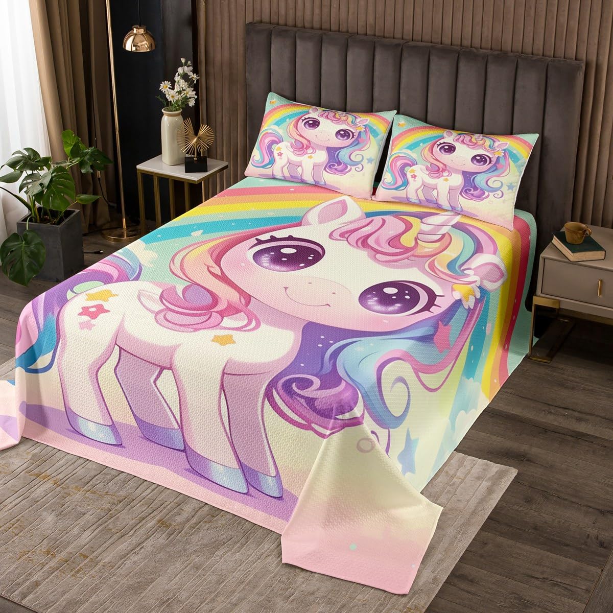 Manfei Cute Animals Bedspread Queen Size Bedding for Teens Living Room Cartoon Unicorn Decor Coverlet Set Rainbow Cloud Starry Sky Quilt Set for All Season,3 Pcs with 2 Pillowcases
