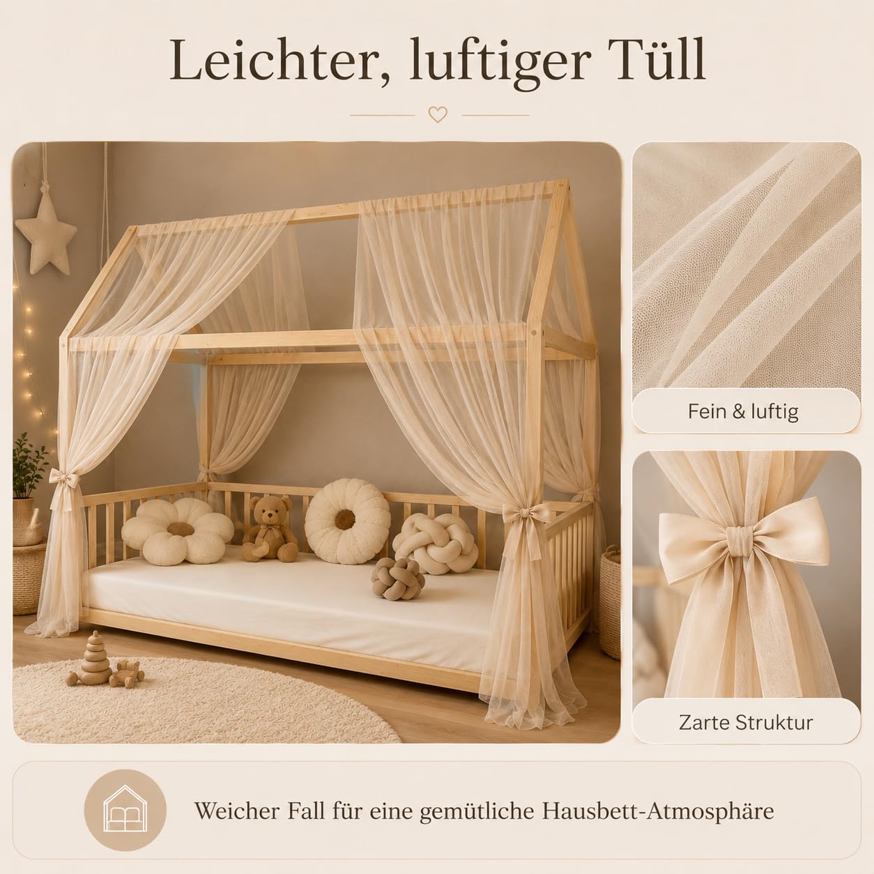 Baby Fancyroom Betthimmel für Hausbett Kinderbett, universell, Premium Tüll, 2-teilig, Hausbetthimmel, Bettvorhang (Beige, 340cm)