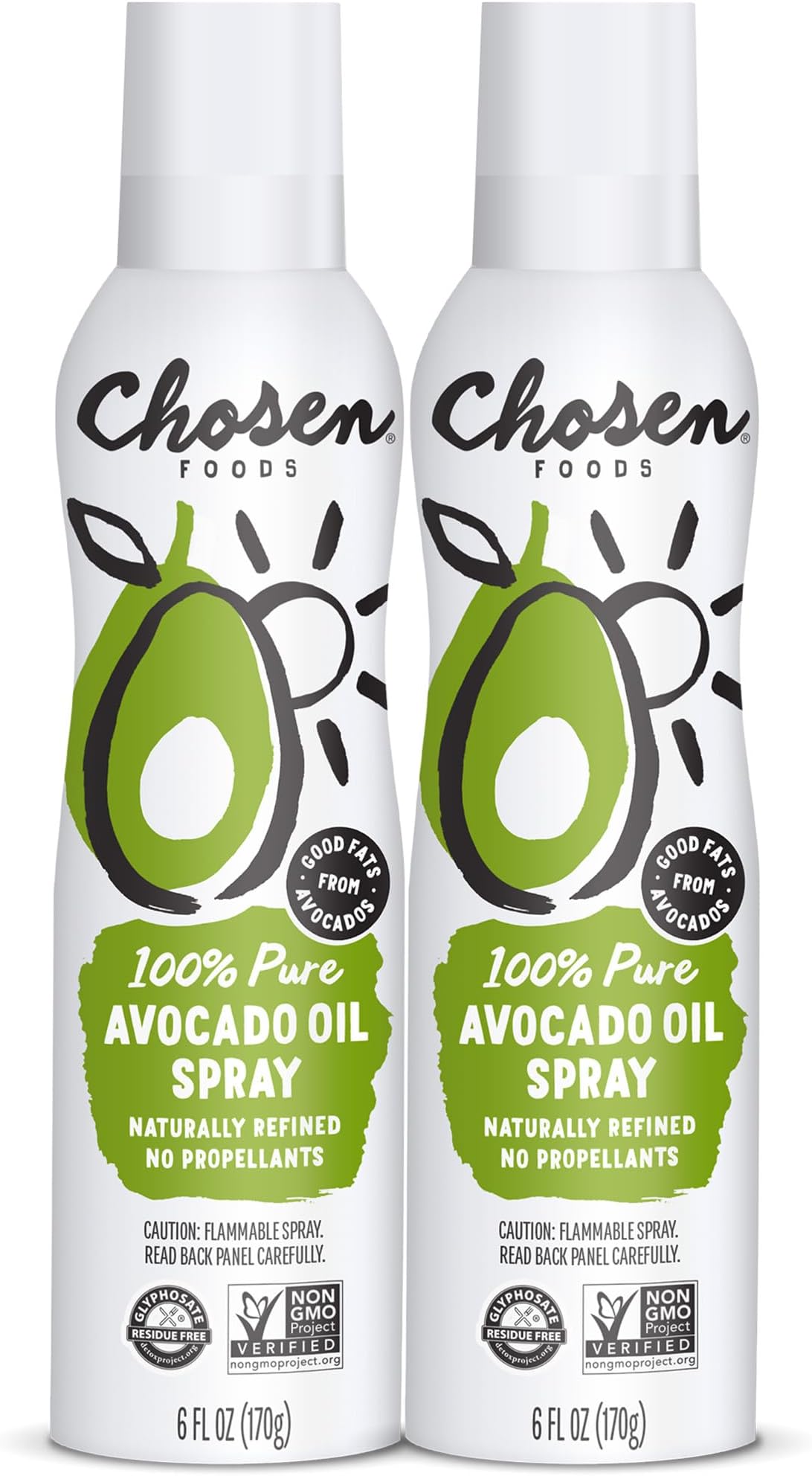 Chosen Foods 100% Pure Avocado Oil Spray, Keto Diet Friendly, Kosher Cooking Spray for Baking, High-Heat Cooking and Frying (6 oz, 2 Pack)