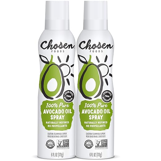 Chosen Foods 100% Pure Avocado Oil Spray, Keto Diet Friendly, Kosher Cooking Spray for Baking, High-Heat Cooking and Frying (6 oz, 2 Pack)