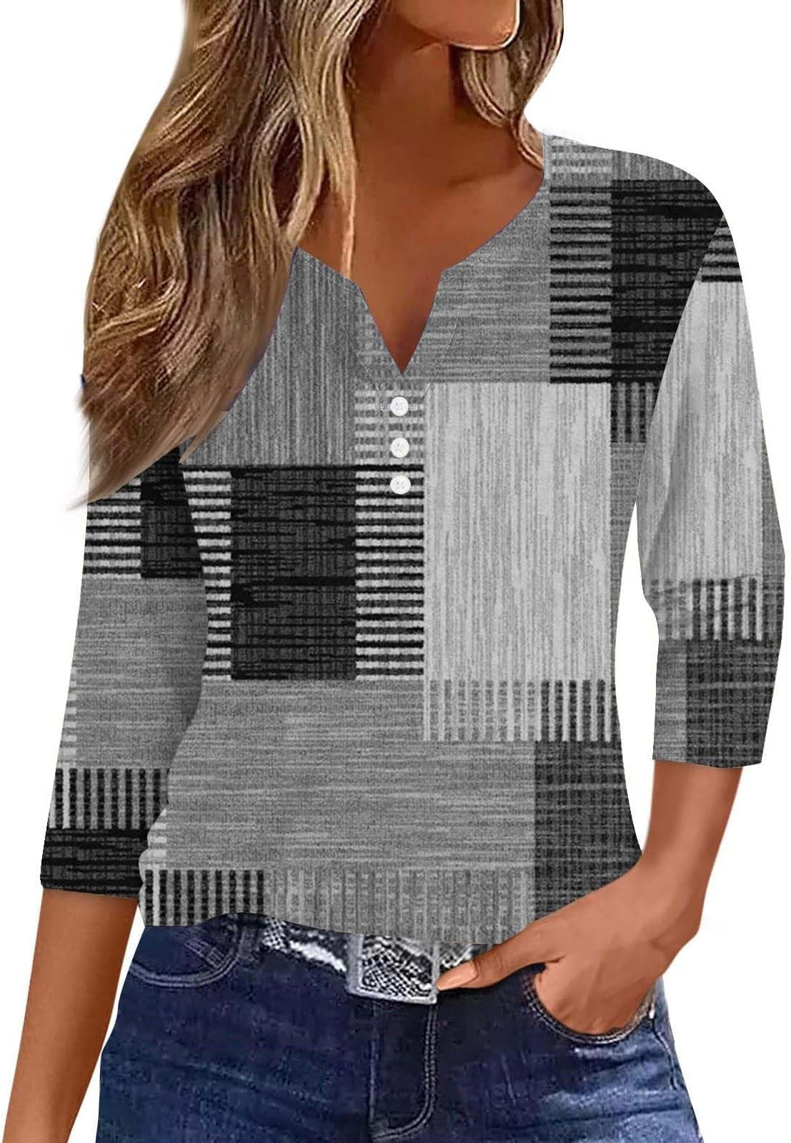 SHAOBGE3/4 Length Sleeve Women Tops Summer 2024 Vacation Trendy V Neck Shirts Casual Boho Loose Comfy Tunic Dressy Blouses
