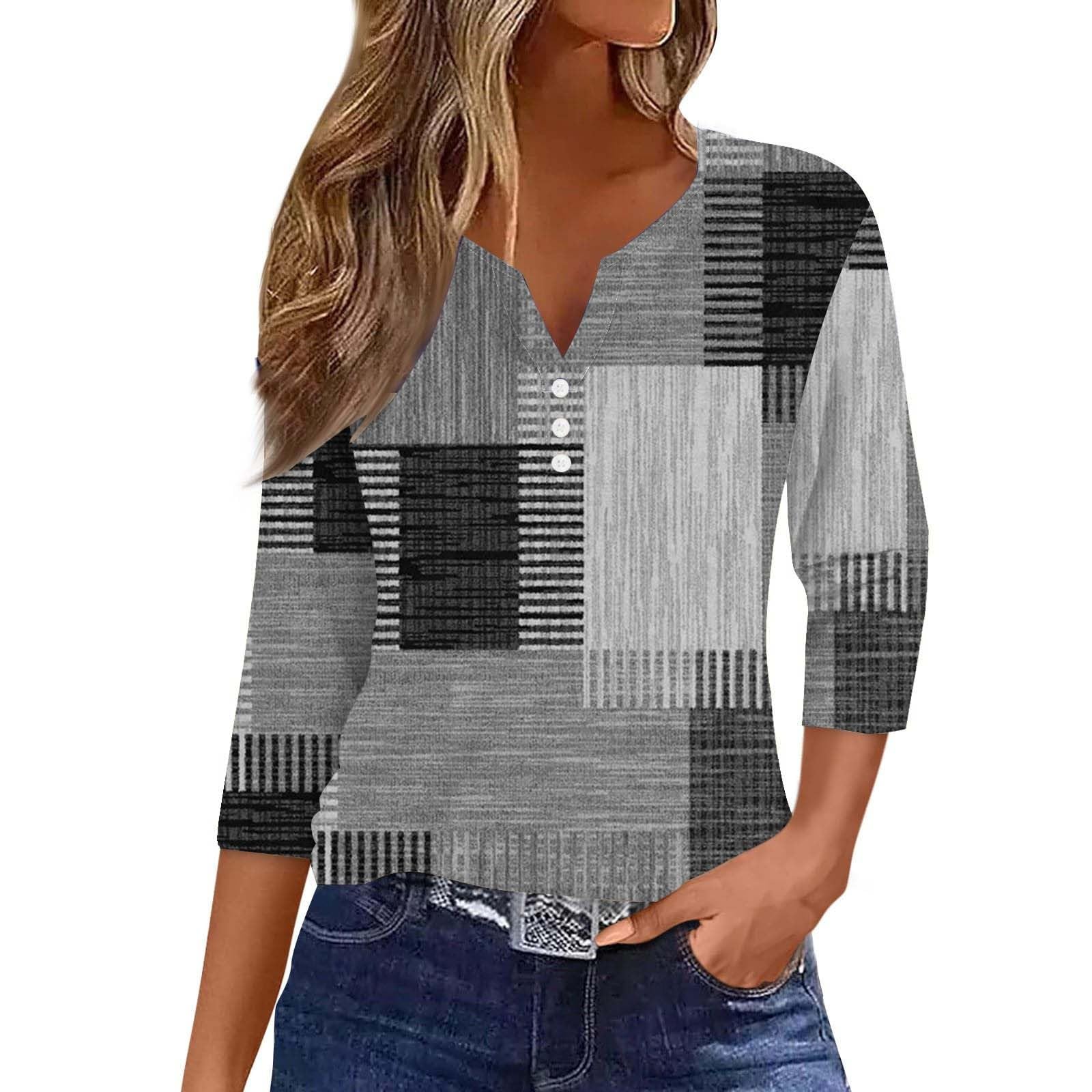 SHAOBGE3/4 Length Sleeve Women Tops Summer 2024 Vacation Trendy V Neck Shirts Casual Boho Loose Comfy Tunic Dressy Blouses