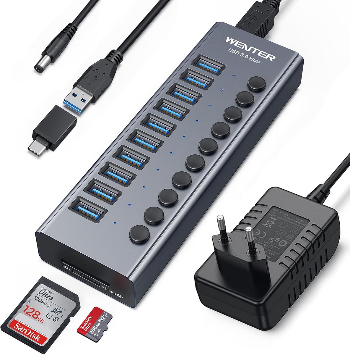Powered USB 3.0 Hub, Wenter 10 Ports 36W Powered USB Hub, Aluminum USB Splitter with Individual On/Off Switches, SD/TF Card Readers and 12V/3A Power Adapter for PC/Laptops/MacBook Pro/Air/iMac/iPad