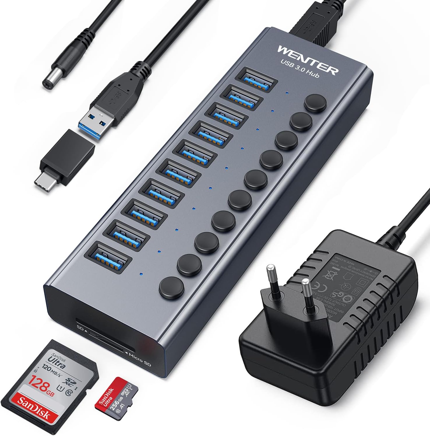 Powered USB 3.0 Hub, Wenter 10 Ports 36W Powered USB Hub, Aluminum USB Splitter with Individual On/Off Switches, SD/TF Card Readers and 12V/3A Power Adapter for PC/Laptops/MacBook Pro/Air/iMac/iPad