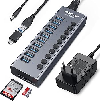 يعمل USB 3.0 Hub ، و Wenter 10 منافذ 36W يعمل بالطاقة USB Hub ، و USB Splitter الألومنيوم مع مفاتيح تشغيل / إيقاف فردية ، وقراء بطاقة SD / TF ومحول طاقة 12V / 3A للكمبيوتر / أجهزة الكمبيوتر المحمولة / MacBook Pro/Air / iMac / iPad