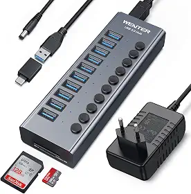 Hub USB 3.0 alimentado, hub USB Wenter com 10 portas 36 W, divisor USB de alumínio com interruptores liga/desliga individuais, leitores de cartão SD/TF e adaptador de alimentação 12V/3A para
