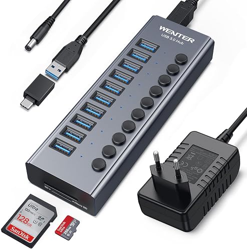 Powered USB 3.0 Hub, Wenter 10 Ports 36W Powered USB Hub, Aluminum USB Splitter with Individual On/Off Switches, SD/TF Card Readers and 12V/3A Power Adapter for PC/Laptops/MacBook Pro/Air/iMac/iPad - Aluminum 10 Ports