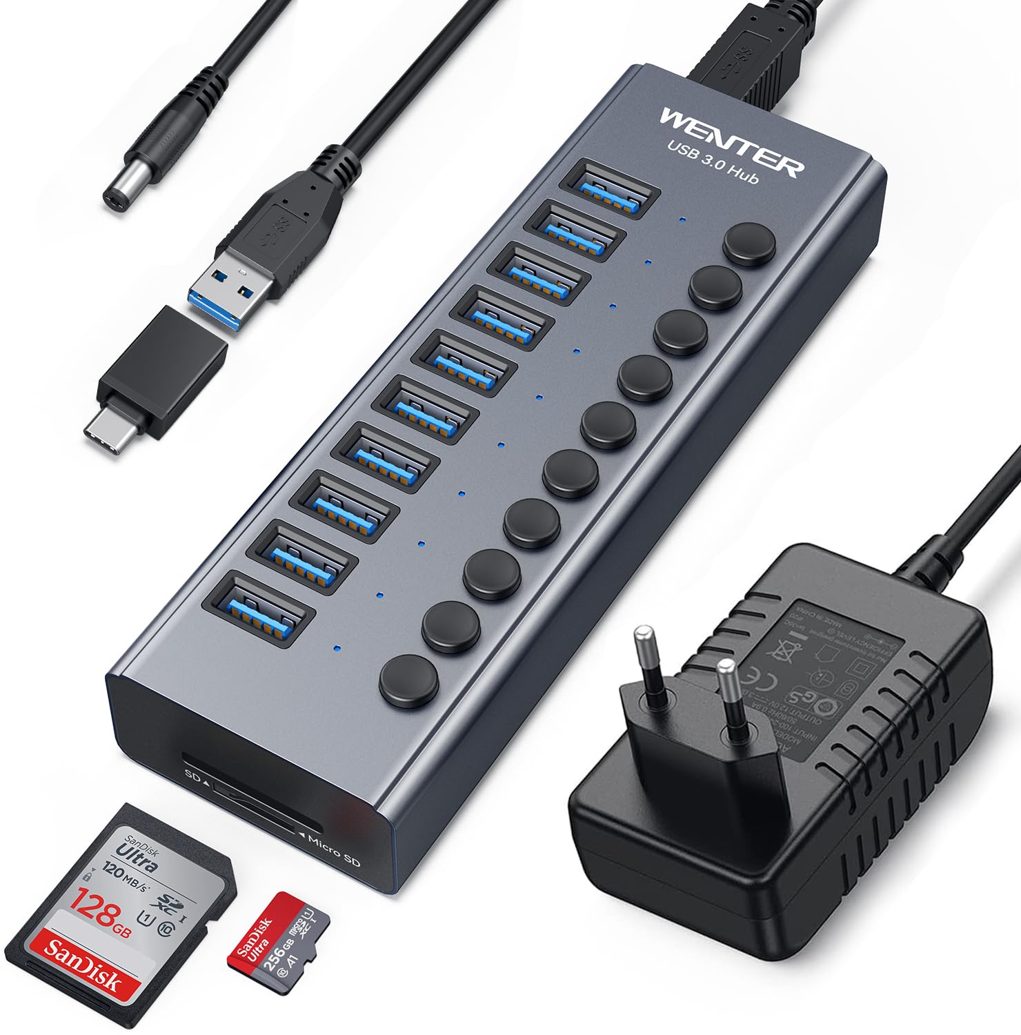 Hub USB 3.0 alimentato, Wenter 10 porte USB Hub Splitter con singoli interruttori LED On/Off