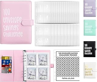 Rosa Sparchallenge Budgetplaner, Budgetplaner A5, Kunstleder Budget Binder, Geld Sparen Challenge mit 100 Umschlägen, für Haus, Schule, Büro