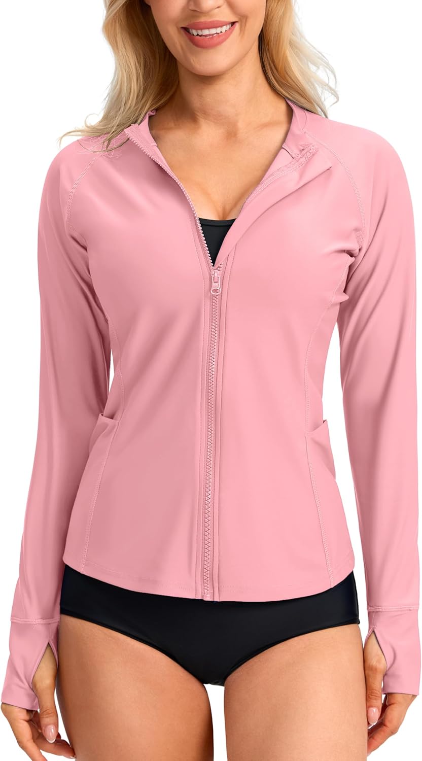 SANTINY Women's Rash Guard UPF50+ SPF UV Protection Long Sleeve Swimsuit Top with Pockets Zip Front Swim Shirts Woman