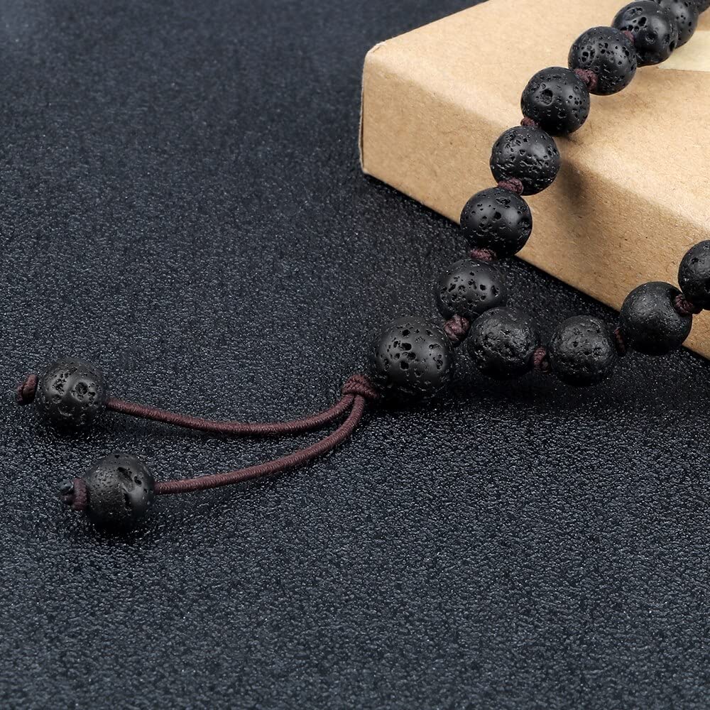8 mm Schwarze Lavastein-Perlenketten, 80 Perlen, handgefertigt, geknotete elastische Armbänder, Damen und Herren, Yoga-Schmuck, Gebetsgeschenke, Halskette FZUGEDRLI