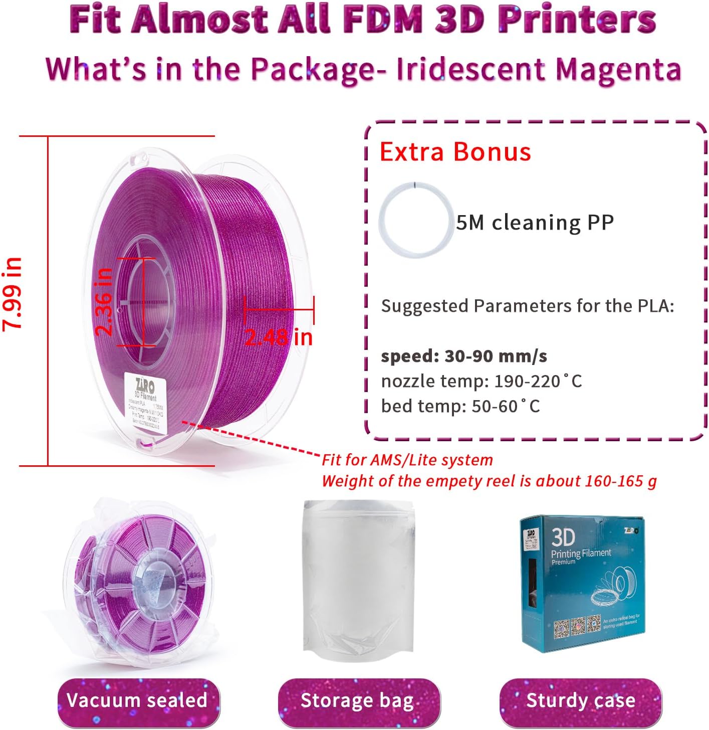 ZIRO 3D Printer Filament, 1.75mm Twinkle Effect 3D Printing Material, Iridescent PLA Series, Colorful Sparkling1KG/2.2lb Spool, Fit Most FDM Printers, Dreamy Magenta