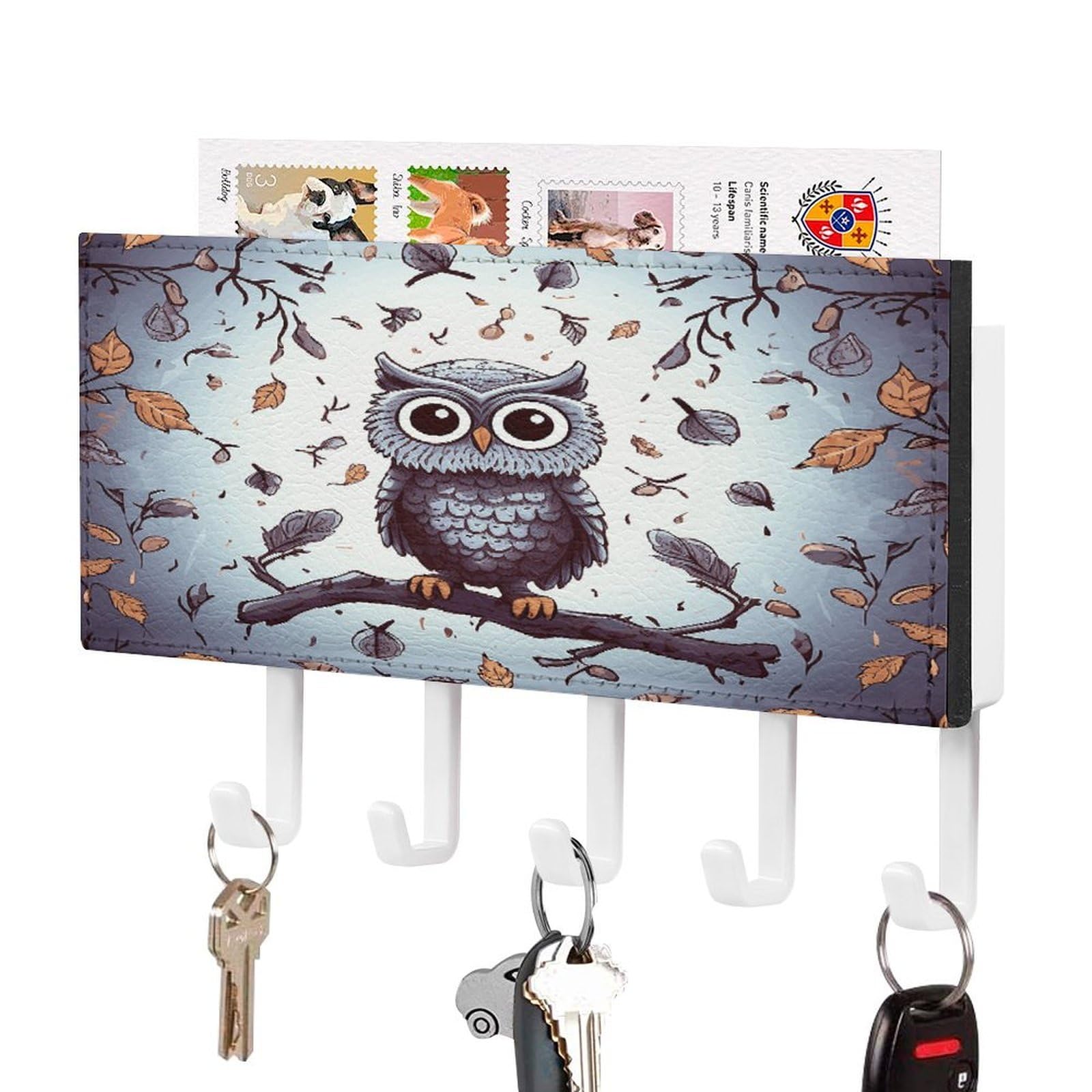 Fodpand White-Style Owl Tree Branches Key Holder For Wall Mount Key Hooks Key Rack With Self Adhesive Pu Key Hanger Personalized Key Organizer Rack With 5 Hooks For Hallway Door Entryway