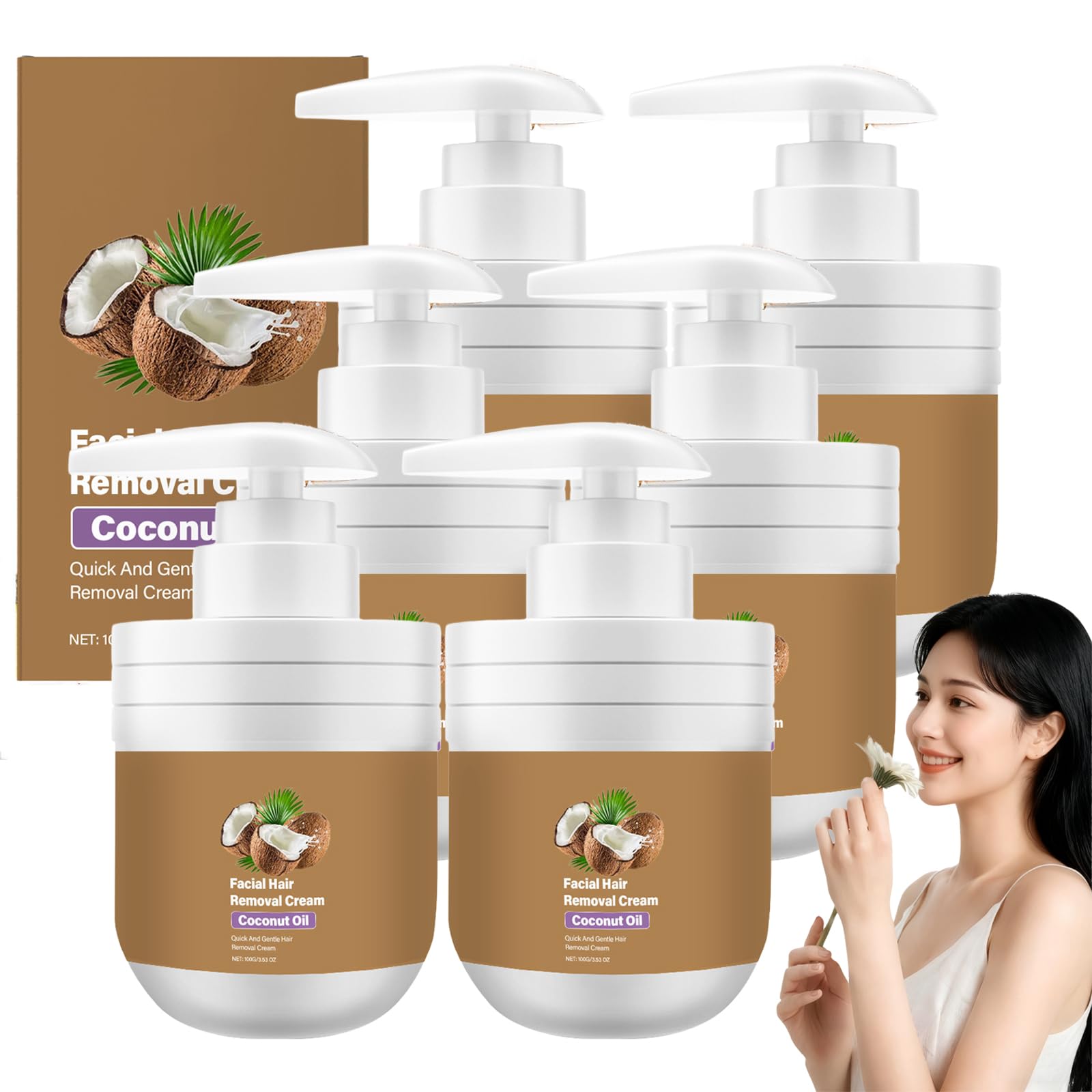 Crema depilatoria viso con olio di cocco, crema di depilazione delicata per labbra superiore e mento, elimina i peli senza irritazione, cura lenitiva per pelli sensibili, donne e uomini (6 pezzi)