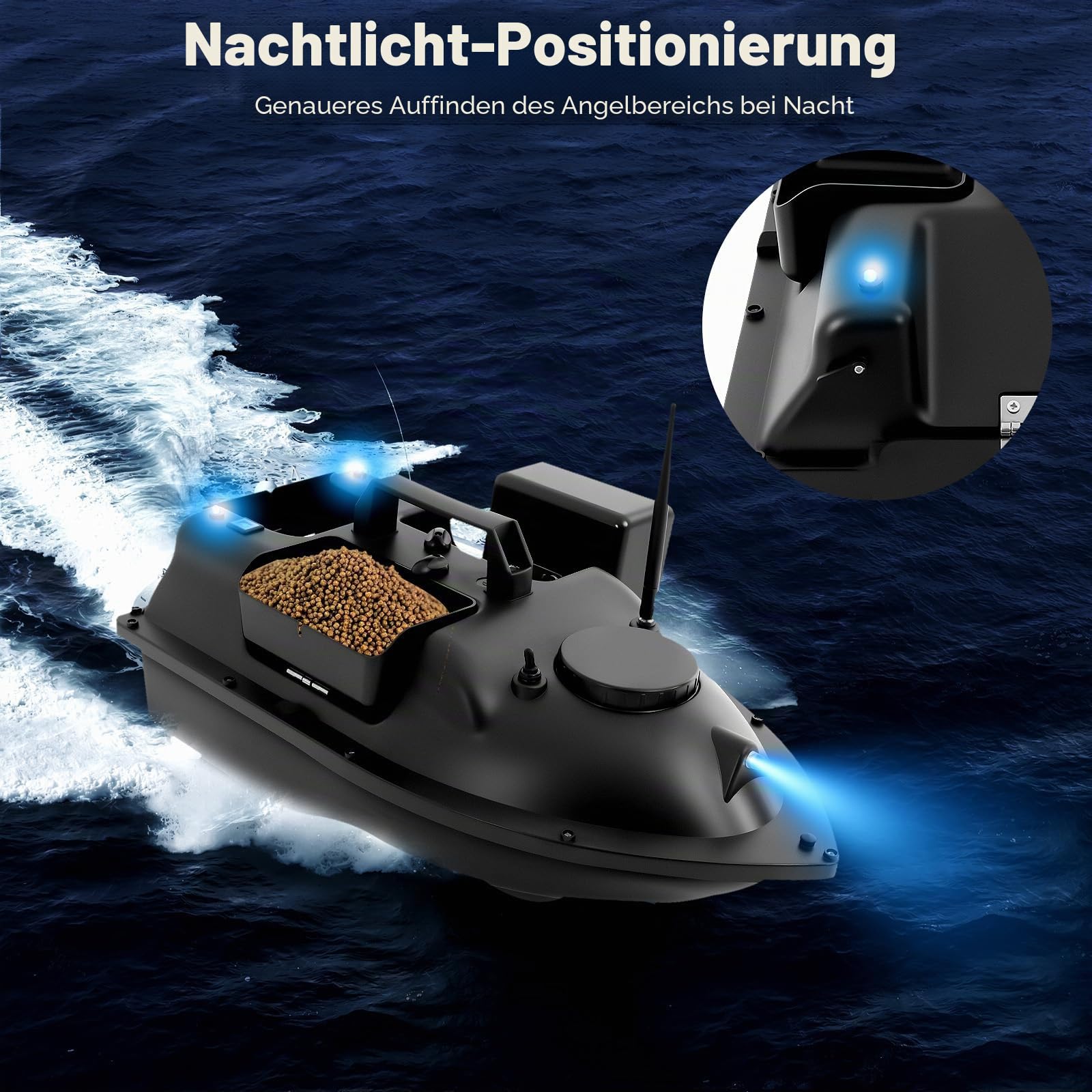Ferngesteuertes Boot, RC Karpfenstarter, 500 m, kabellos, B-Boot mit 2 Motoren (3 Silos, schwarz)