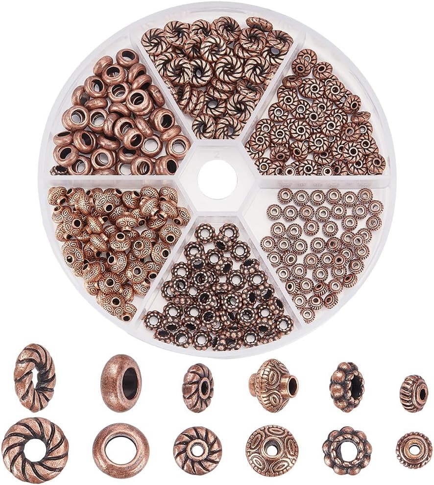 300Pcs 6 Styles Tibetan Spacer Beads Metal Loose Beads Bulk Vintage Red Copper Charm Beads Alloy Flower Bead Caps Loose Spacer Beads for DIY Bracelet Necklace Jewelry Making Crafts