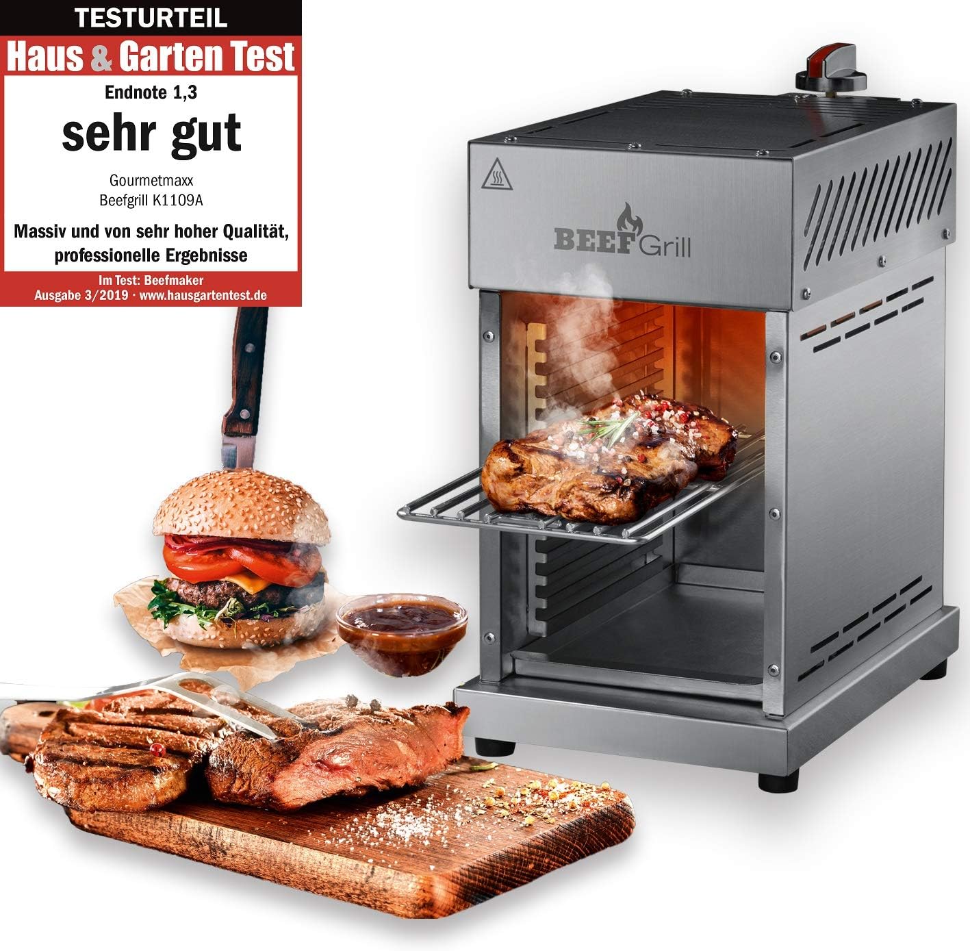 GOURMETmaxx Beef Maker, High Performance, Top Heat, Gas Grill, Temperature up to 800°C for Steaks Made Just Like a Professional, Fully Adjustable Gas Ceramic Burner, 7 Height Levels, Stainless Steel