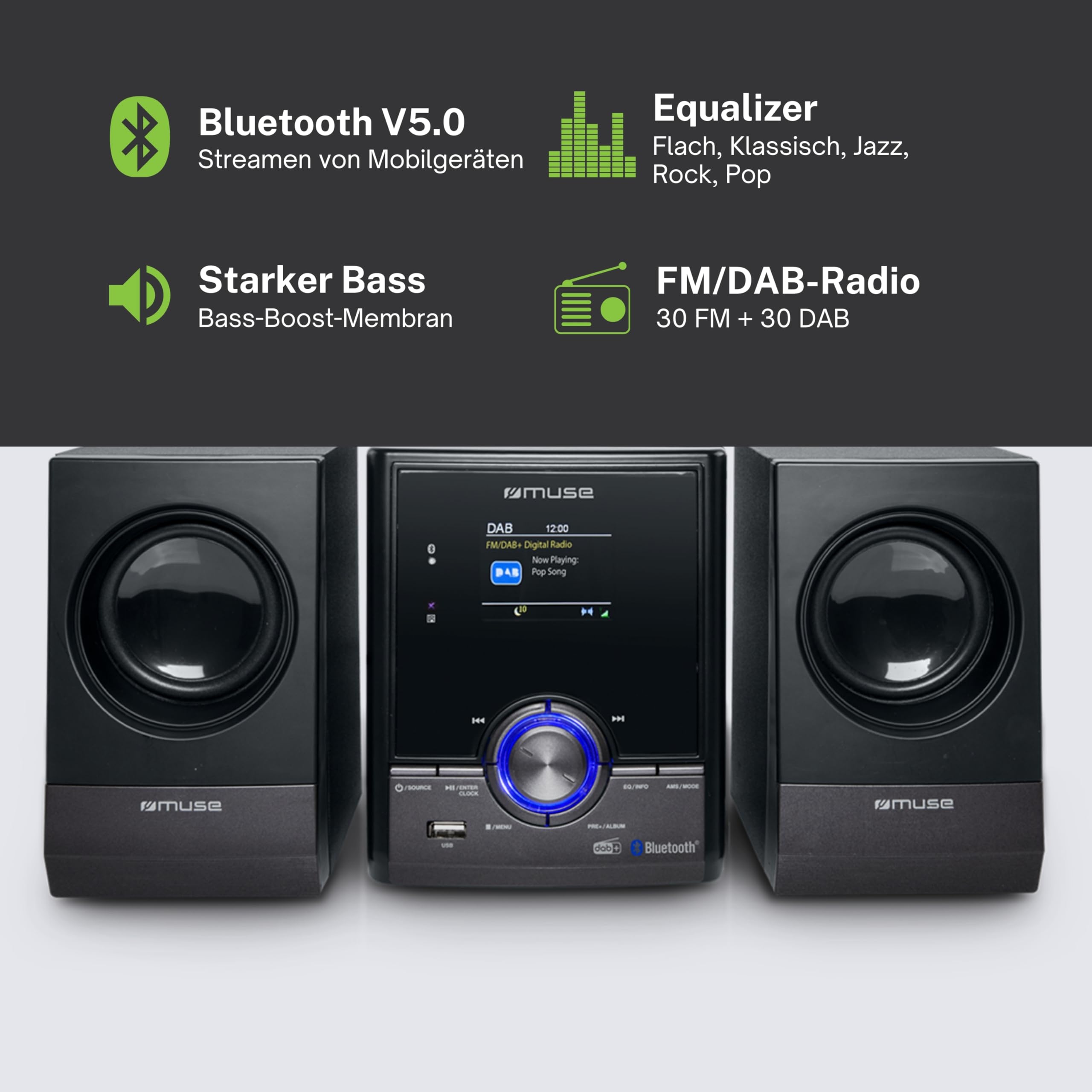 MUSE Stereoanlage, Kompaktanlage mit CD-Player & DAB Radio, Mini Stereoanlage mit 2 Lautsprecher, Musikanlage mit FM/DAB+ Digital-Radio, Bluetooth & AUX, MP3 & Spotify, Musik-Anlage Kompakt