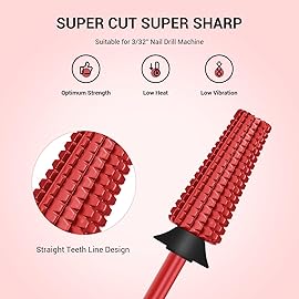 MelodySusie Super Cut Edition 5 in 1 Nail Drill Bits, 3/32\'\' Carbide Tungsten Multi-function Bits, Suitable for Manicure Pedicure Cuticle Gel Polishing, Red, Series Bit-M, Extra Coarse