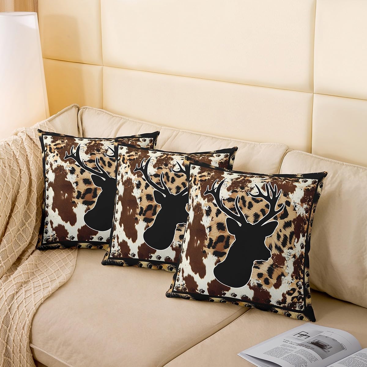 Rustic Deer Throw Pillow Covers 22"x22" Set of 2 Soft Cow Fur Deer Pillow Cases Cushion Covers Bedroom Decor Leopard Print Decorative Throw Pillowcases Farmhouse Deer Style Brown Cushion Cases