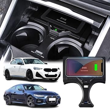 سيارة جديدة شاحن لاسلكي لسيارات BMW 2 Series 2022-2024 3 Series/i3 2020-2024 4 Series/i4 2021-2024 ملحقات وحدة التحكم المركزية، 15 W لاسلكي و 27 W USB شحن سريع صينية Qi شاحن الهاتف