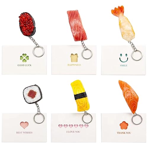 Sushi Keychain Set 6PCS with Gift Cards, Sushi Bag Charm