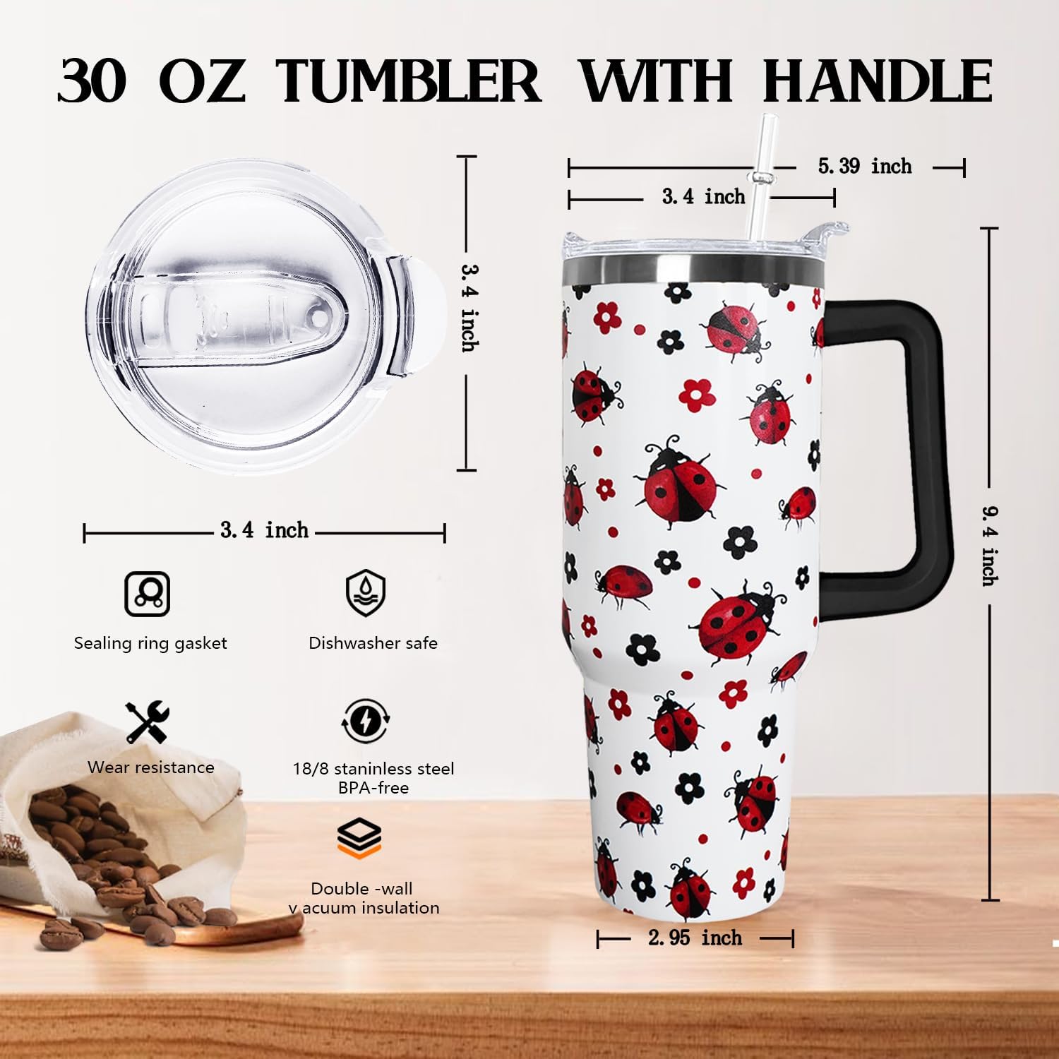 30 Oz Ladybug Tumbler With Handle,Ladybug Coffee Travel Mug Cup Water Bottle,Ladybug Decor,Ladybug Gifts for Women