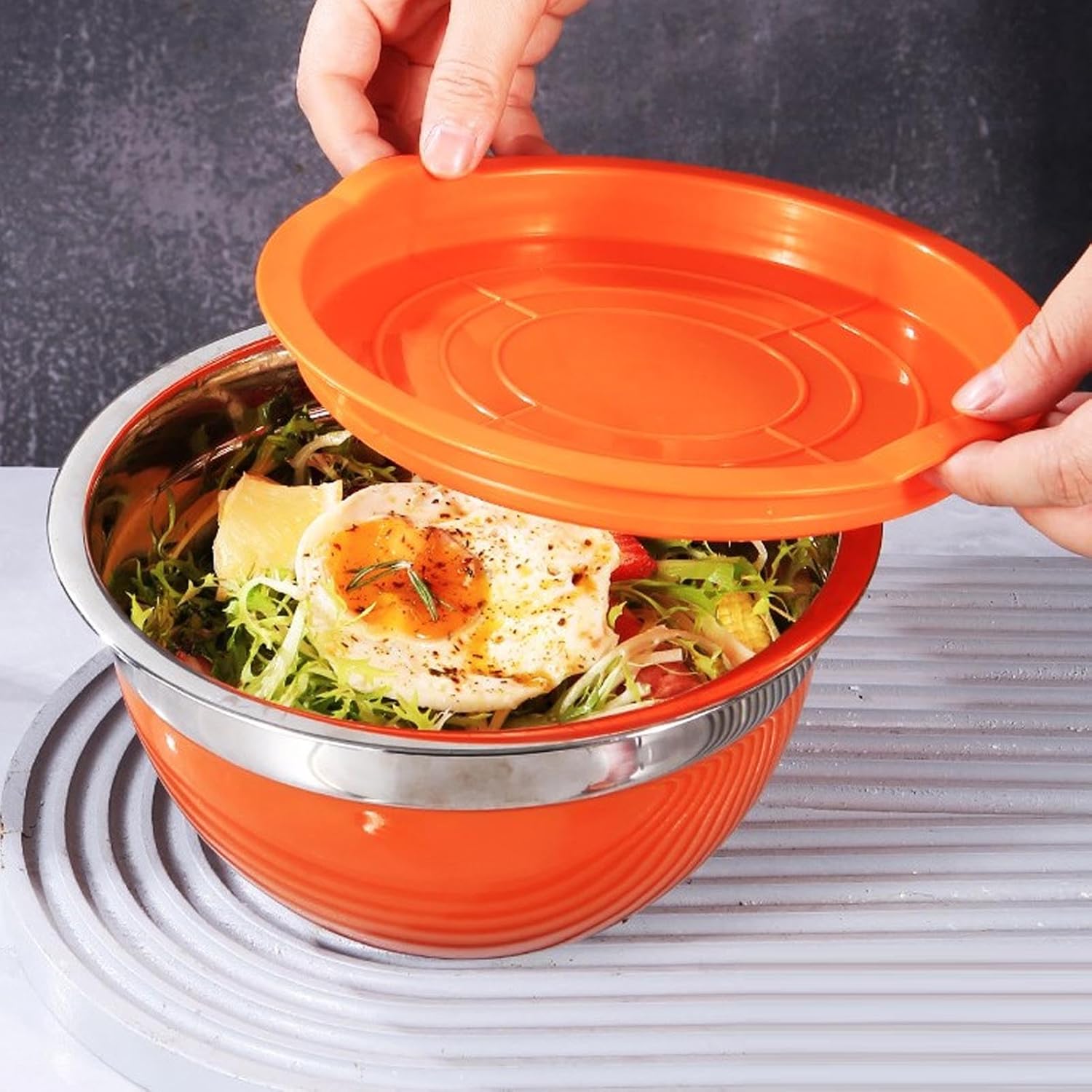 CDQL 7PCS Mixing Bowls, Stainless Steel Plastic Stackable Nesting Bowl Salad Food Container Set, Kitchen Bowls with Lids for Baking, Serving