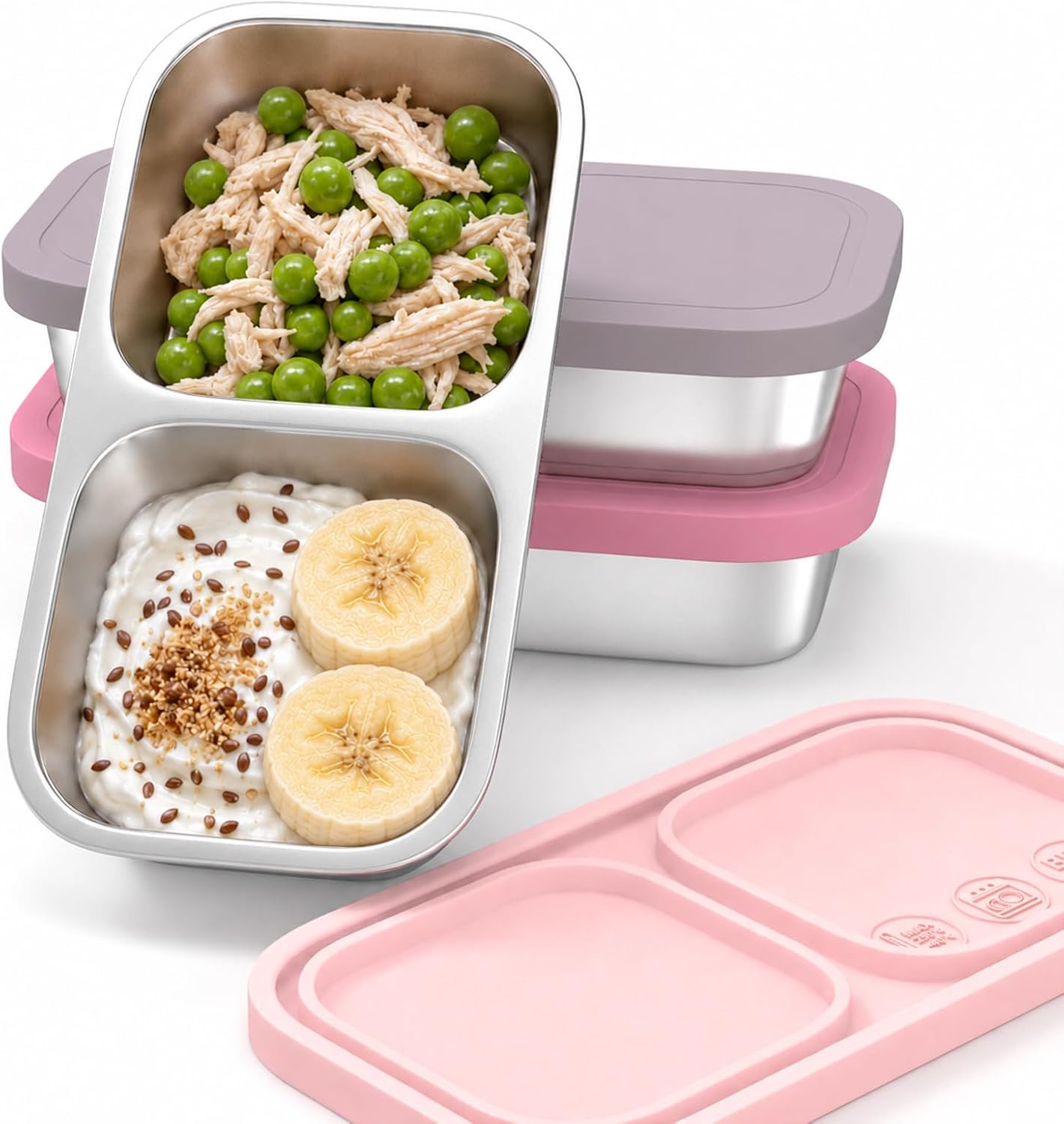 3 Pack Stainless Steel 2-Compartment Snack Containers, 8.4 oz