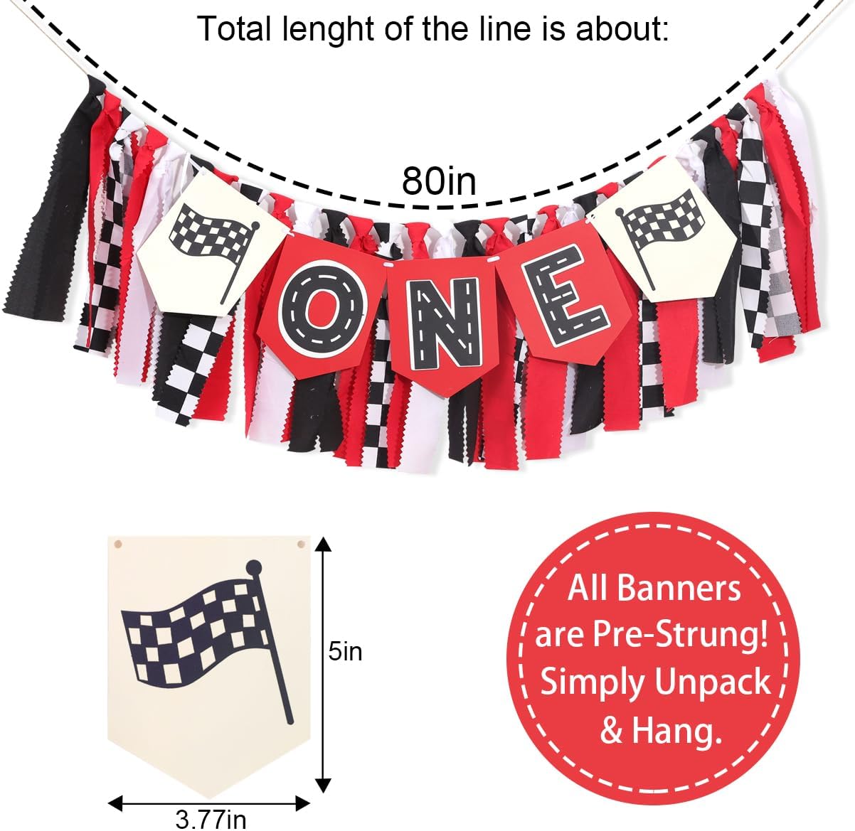 Race Car High Chair Banner - Fast One Birthday Party Decorations,Red Vintage Racing 1st Birthday Highchair Banner,Race Car Boy Smash Cake Banner,Racing Garland With Black And White Checkered Flags - Image 2