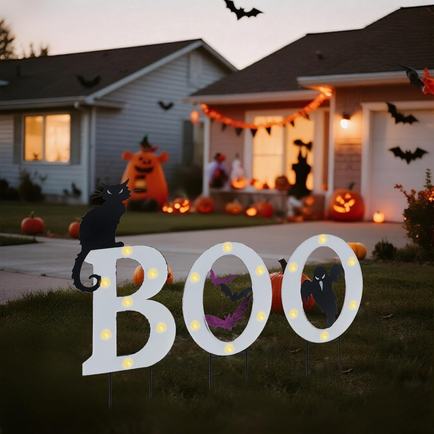 Prsildan 3 Pack Halloween Decorations Outdoor -Solar Powered Lighted Boo Yard Sign with Bats, Cat & Ghost, Waterproof Metal Lawn Stakes for Front Yard, Porch, Garden - Spooky Halloween Party Decor