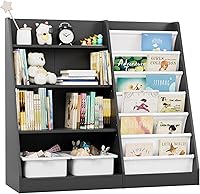 Vista 29 de Estantería de 4 niveles para niños de madera, estantería de cinco capas para libros de niños, estante de almacenamiento para bebés y niños pequeños