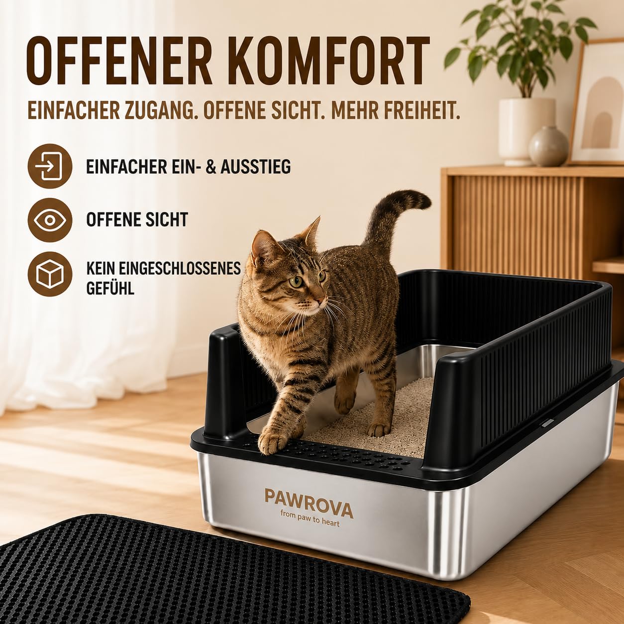 Katzenklo aus V2A Edelstahl, XL Katzentoilette mit hohen Seiten