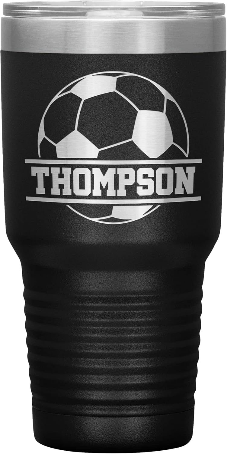 Personalized Soccer Tumbler With Name - Soccer Cup - 30oz Insulated Engraved Stainless Steel Soccer Travel Mug Black