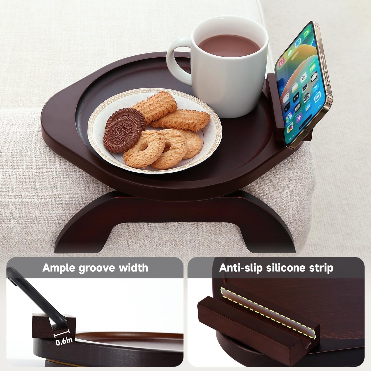 Couch Arm Tray Table,Bamboo Sofa Side Tables Clip-on Couch with 360° Phone Holder,Foldable Sofa Armrest Tray for Eating,Drink, Snacks, Coffee, TV,Remote - Image 4