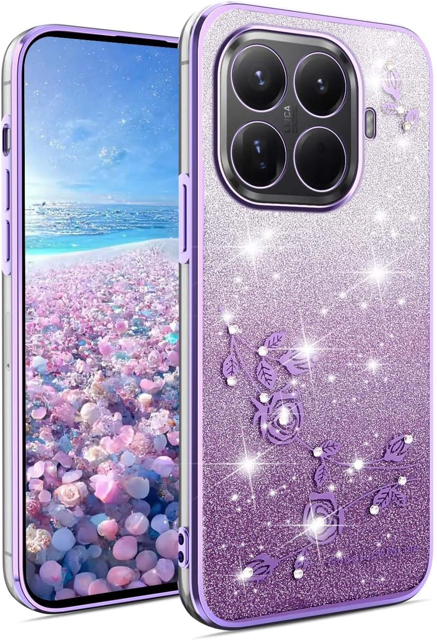 YUEQIAN Brokatowe etui do Xiaomi 17T 5G, ultracienkie, przezroczyste, miękkie, silikonowe, TPU, odporne na wstrząsy, eleganckie błyszczące diamentowe kwiaty, dla kobiet, dziewcząt, fioletowe