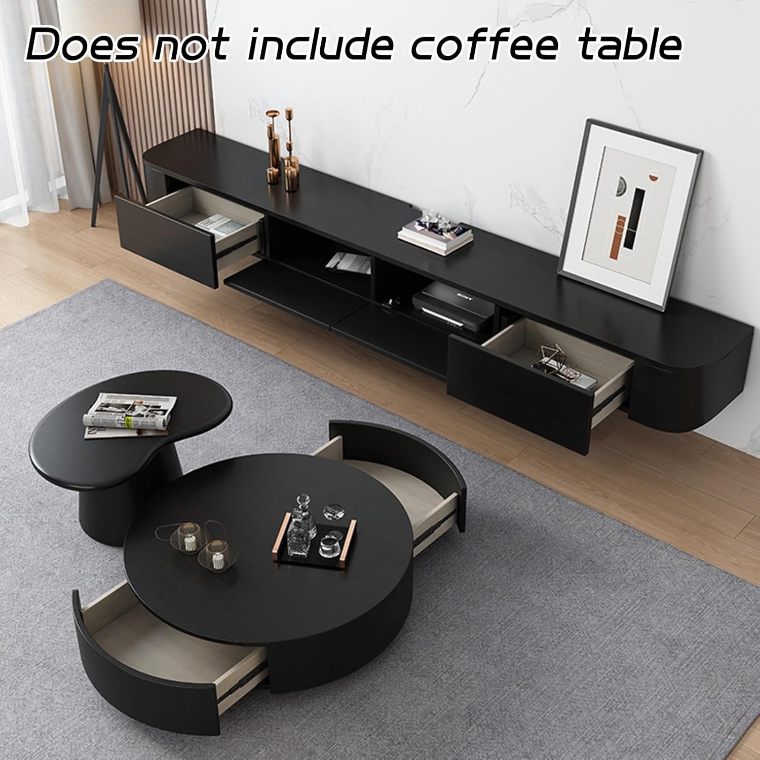 Black Floating TV Stand, Wall Mounted TV Cabinet with Door and 2 Drawers, Wooden Entertainment Media Console Center Large Storage Shelf Under TV(Black,140x20x24CM)