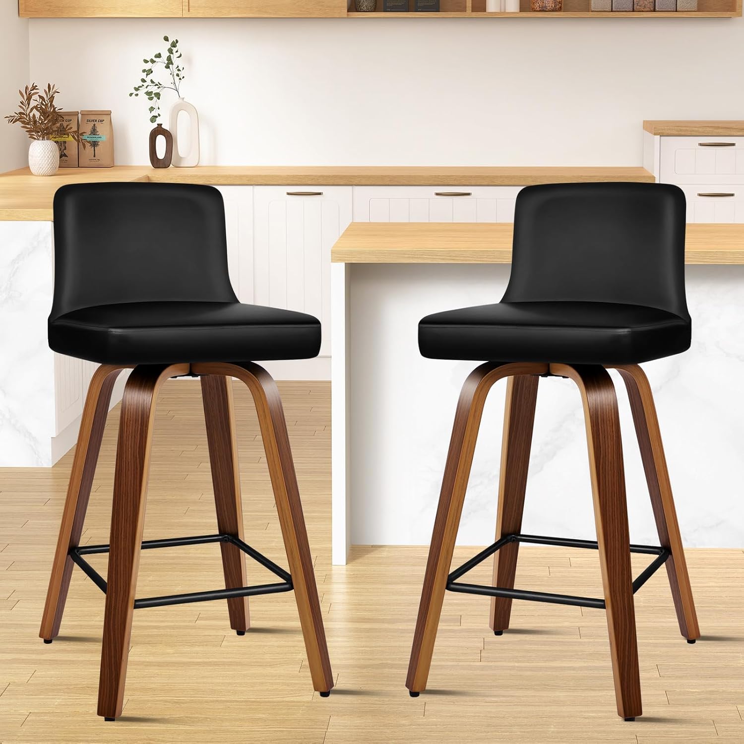 2pcs Bar Stool Bailey Swivel Kitchen Stool in 65cm Seat Height Leather Counter Stool with Back Footrest and Adjustable Leg Levelers Home Dining Chair Black