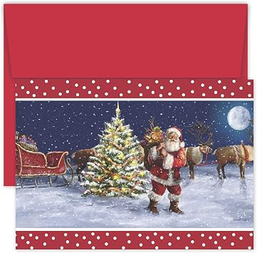Masterpiece Studios Hollyville 16-Count Boxed Christmas Cards & Envelopes in Keepsake Box, 7.8" x 5.6", Santa and His Pack 940500