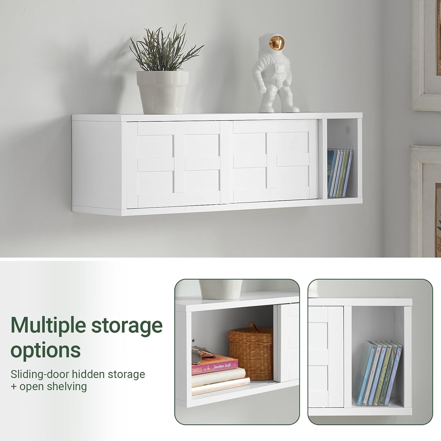 SoBuy White Sideboard Cupboard Storage Cabinet – Wall Mounted Storage Unit with Sliding Doors and Open Shelf for Living Room, Hallway, Bathroom, Kitchen – 75x20x23cm – FHK18-W